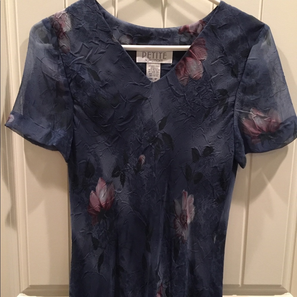 Petite Sophisticate full length blue floral dress.